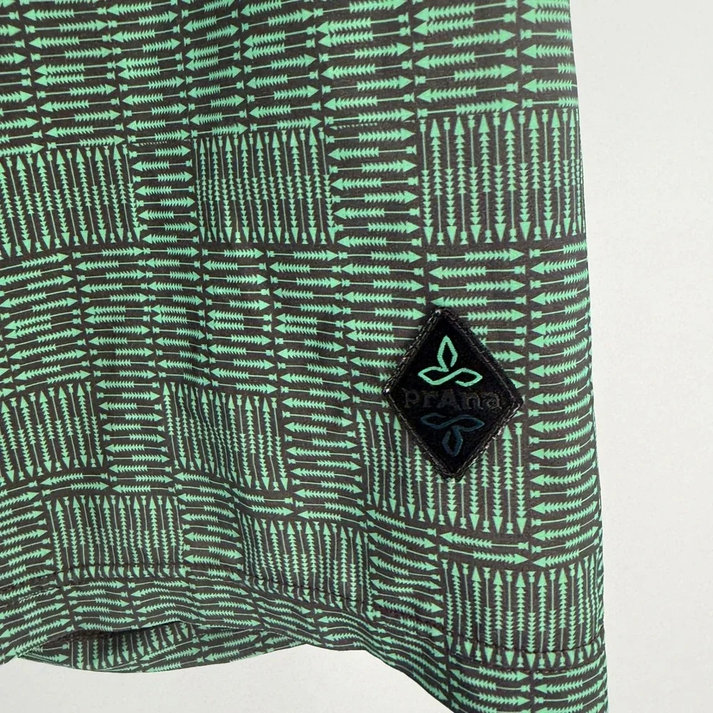 Prana Mens Board Shorts Size 32 Green Brown Arrow Print Swim Trunks UPF 50+